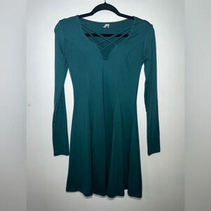 Y2K Mudd Dress XS Strappy plunge Front Long Sleeve Dress Dark Green Fit Flare